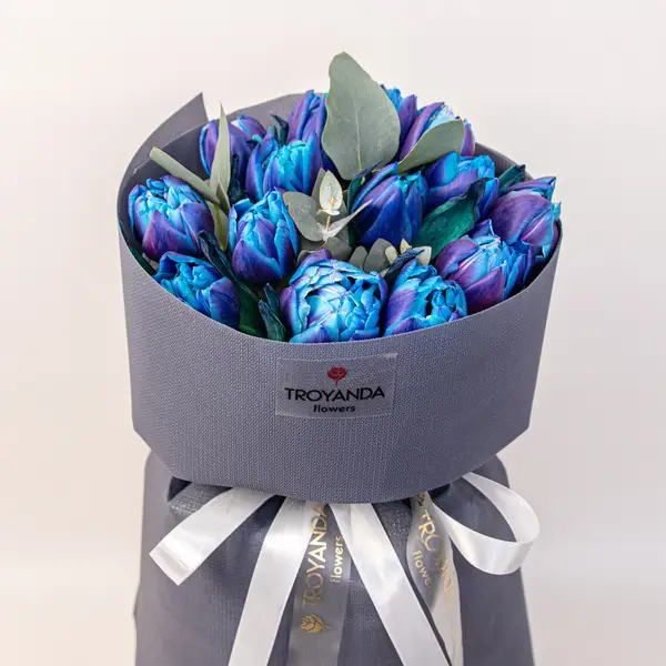 Букет 15 Фарбованих Тюльпанів з Евкаліптом купити